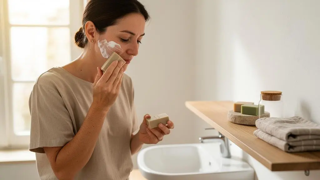 Une femme nettoie son visage avec un savon solide au-dessus d'un lavabo dans une salle de bain épurée.