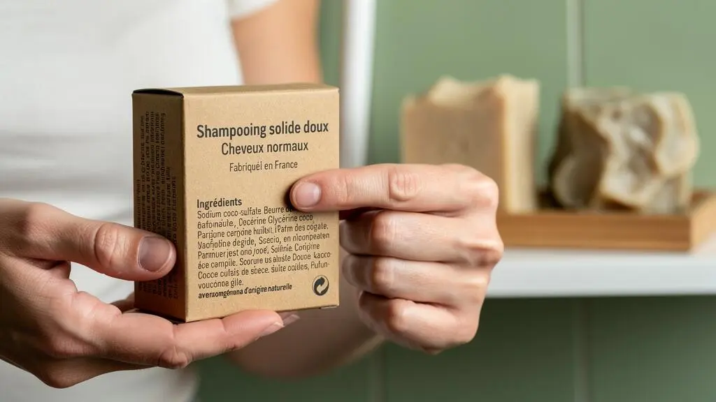 Des mains lisent la liste des ingrédients imprimée en français sur l'emballage en carton d'un cosmétique solide.