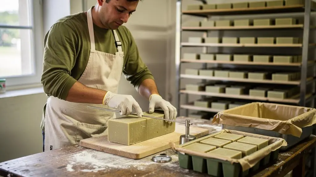 Un savonnier artisan coupe à la corde un grand bloc de savon frais sur une table de travail dans son atelier.